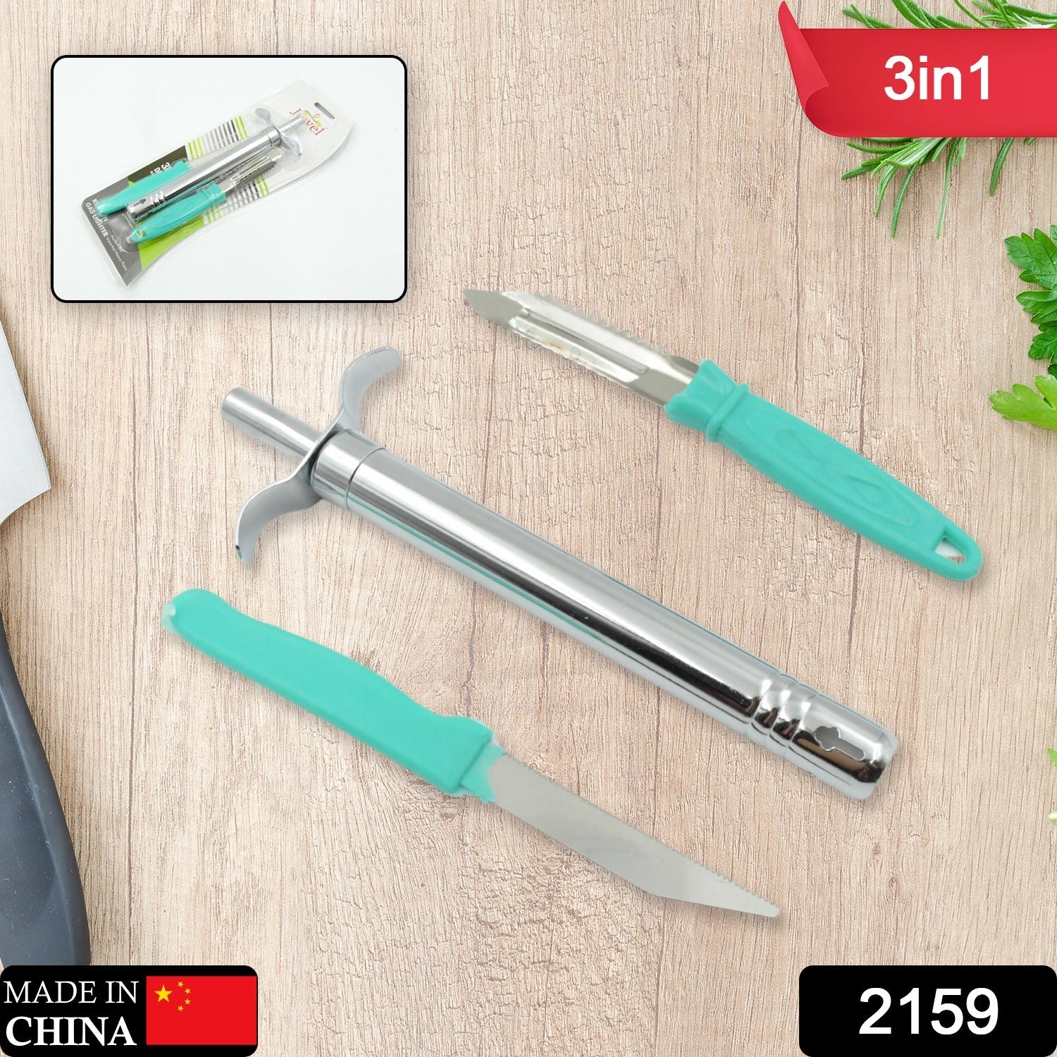Stainless steel knife with peeler and lighter Stainless steel knife with peeler and lighter